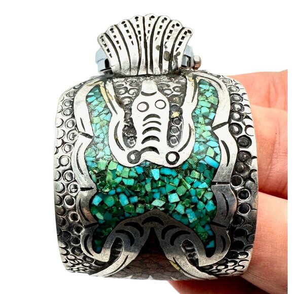 Vintage Native American Peyote Bird Turquoise Coral Bracelet Sterling Silver - Picture 3 of 5